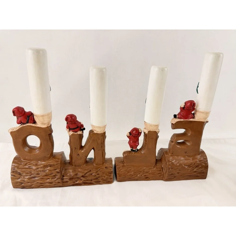 Vintage 1974 NOEL Ceramic Candle Holder Set Santa Log Christmas Decor - Picture 2 of 16